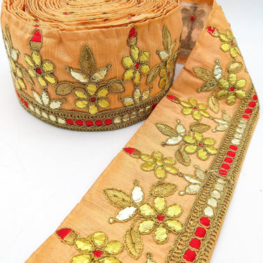 Orange Art Silk Fabric Trim, Red & Gold Floral Embroidery Gota Patti Indian Sari Border Trim By Yard Decorative Trim Craft Lace